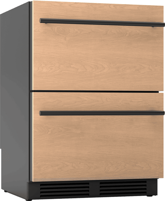 3/4 angle view of Zephyr PRRD24C2AP 24-Inch Panel Ready Dual Zone Refrigerator Drawers with customizable front panels and independent temperature zones for versatile cooling.