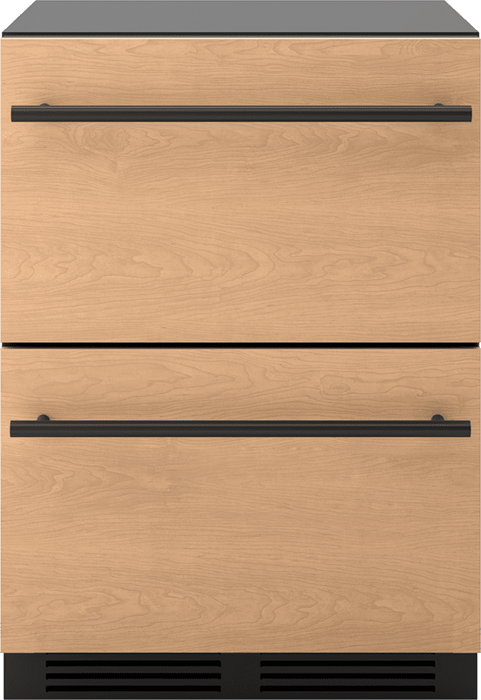 Head on view of Zephyr PRRD24C2AP 24-Inch Panel Ready Dual Zone Refrigerator Drawers with customizable front panels and independent temperature zones for versatile cooling.