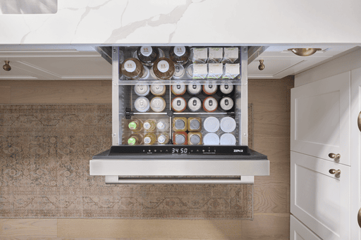 Overhead environmental view of Zephyr PRRD24C2AS 24-Inch Dual Zone Refrigerator Drawers in stainless steel featuring two separate temperature zones and spacious drawer storage for optimal cooling.