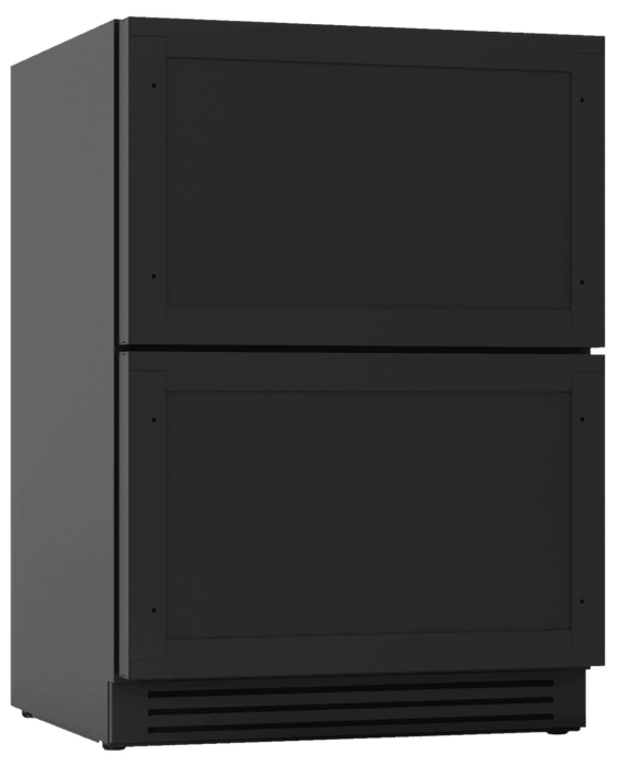 Zephyr Panel Ready Refrigerator Freezer PRRFD24C2AP angled view 2 built in dual zone kitchen appliance stainless steel interior customizable cabinet integration