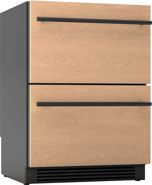 Zephyr Panel Ready Refrigerator Freezer PRRFD24C2AP panel angled view built in dual zone kitchen appliance stainless steel interior customizable cabinet integration