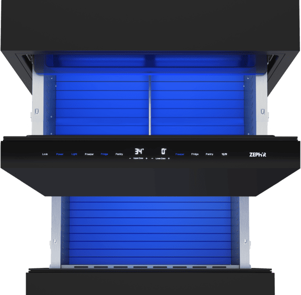 Zephyr Panel Ready Refrigerator Freezer PRRFD24C2AP aerial view built in dual zone kitchen appliance stainless steel interior customizable cabinet integration