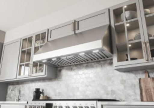 Under angle view of the Professional-grade Zephyr Tempest II Wall Range Hood featuring a 6-speed fan and durable pro baffle filters for powerful kitchen ventilation.