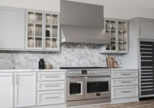 View of the Professional-grade Zephyr Tempest II Wall Range Hood featuring a 6-speed fan and durable pro baffle filters for powerful kitchen ventilation.