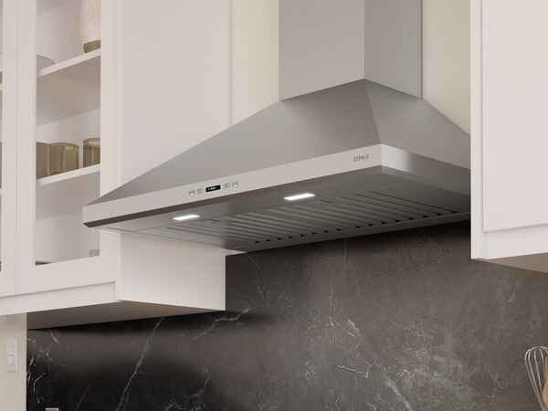 Close-Up Detail of Zephyr Siena Wall Range Hood Hybrid Baffle Filters and LumiLight LED Lighting