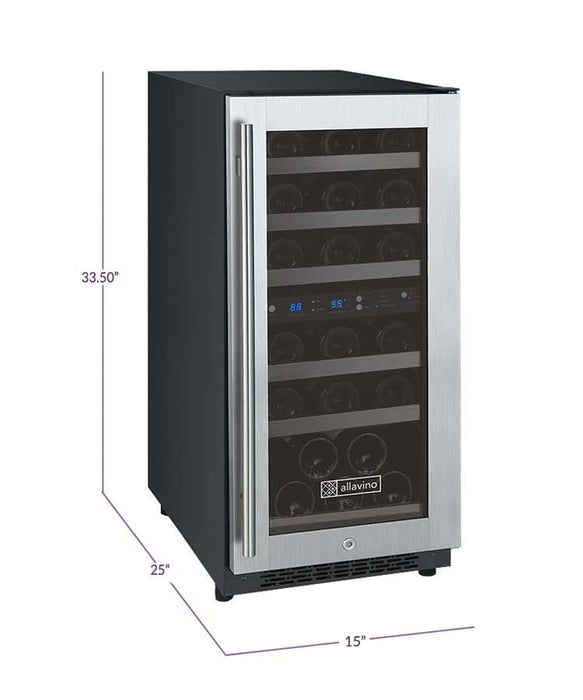 Allavino 15" Wide FlexCount II Tru-Vino 30 Bottle Dual Zone Stainless Steel Right Hinge Wine Refrigerator - AO VSWR30-2SR20