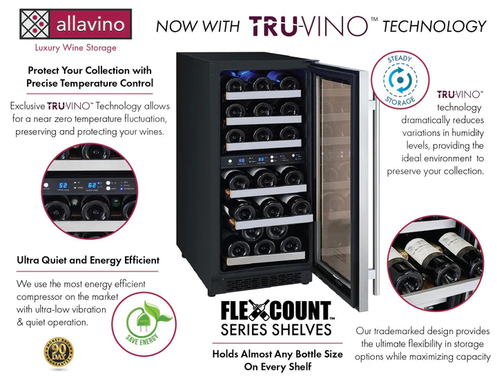 Allavino 15" Wide FlexCount II Tru-Vino 30 Bottle Dual Zone Stainless Steel Right Hinge Wine Refrigerator - AO VSWR30-2SR20