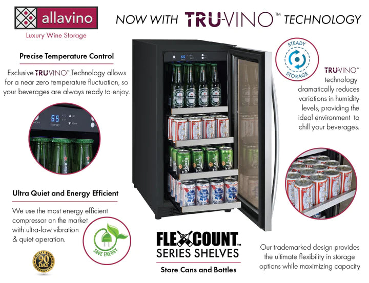 Allavino 15" Wide FlexCount II Tru-Vino Stainless Steel Left Hinge Beverage Center - AO VSBC15-SL20