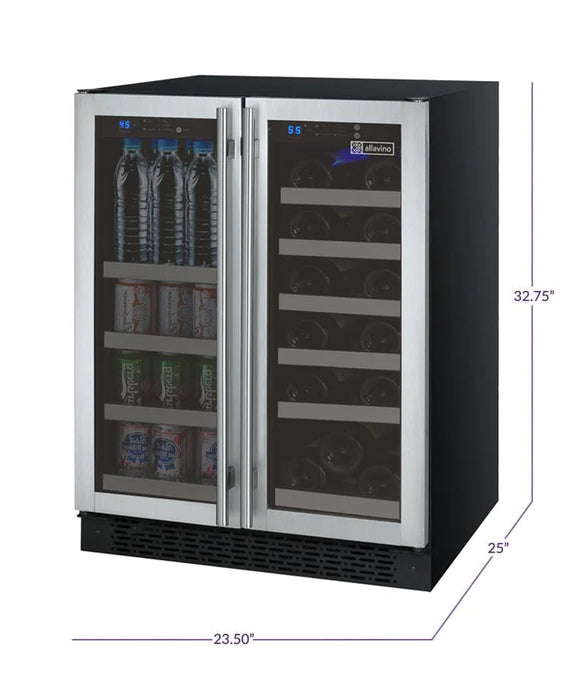 Allavino 24" Wide FlexCount II Tru-Vino 18 Bottle/66 Cans Dual Zone Stainless Steel Wine Refrigerator/Beverage Center - AO VSWB-2SF20