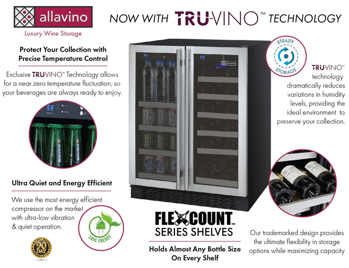 Allavino 24" Wide FlexCount II Tru-Vino 18 Bottle/66 Cans Dual Zone Stainless Steel Wine Refrigerator/Beverage Center - AO VSWB-2SF20