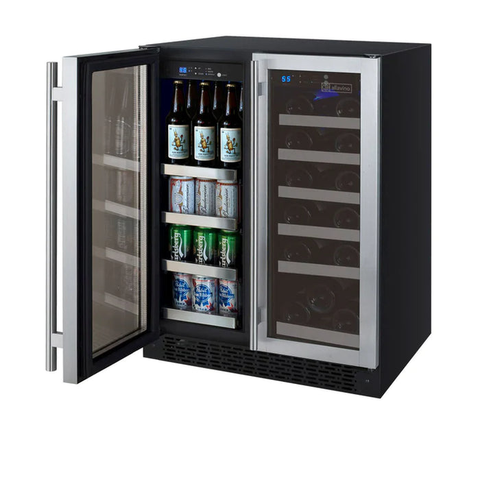 Allavino 24" Wide FlexCount II Tru-Vino 18 Bottle/66 Cans Dual Zone Stainless Steel Wine Refrigerator/Beverage Center - AO VSWB-2SF20