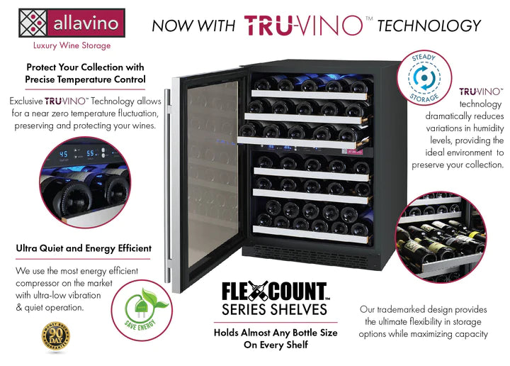 Allavino 24" Wide FlexCount II Tru Vino 56 Bottle Dual Zone Stainless Steel Left Hinge Wine Refrigerator - AO VSWR56-2SL20