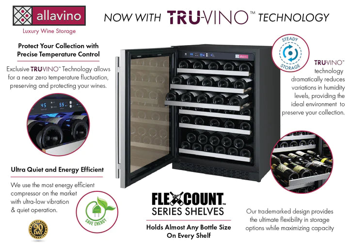 Allavino 24" Wide FlexCount II Tru-Vino 56 Bottle Single Zone Stainless Steel Left Hinge Wine Refrigerator - AO VSWR56-1SL20