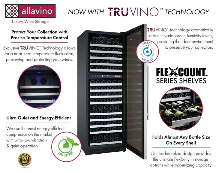 Allavino 24" Wide FlexCount II Tru-Vino Technology 172 Bottle Dual Zone Stainless Steel Left Hinge Wine Refrigerator - AO YHWR172-2SL20