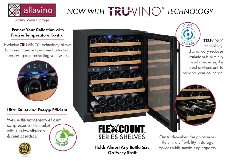 Allavino 47" Wide FlexCount II Tru-Vino 112 Bottle Four Zone Black Side-by-Side Wine Refrigerator - BF 2X-VSWR56-2B20