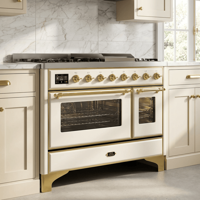 ILVE Majestic II 48 Inch Dual Fuel Range, Double Oven, 8 Burners & Griddle UM12FDNS3