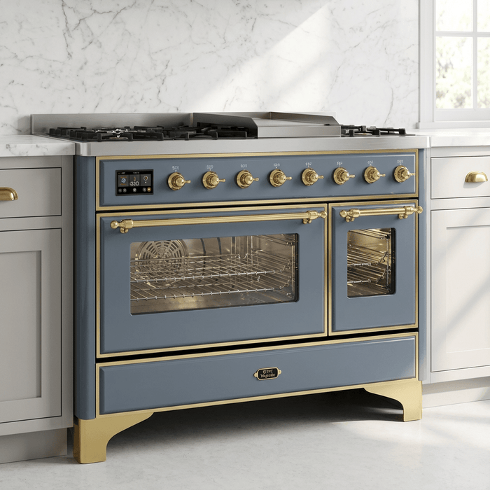 ILVE Majestic II 48 Inch Dual Fuel Range, Double Oven, 8 Burners & Griddle UM12FDNS3