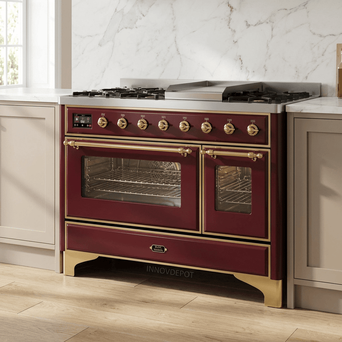 ILVE Majestic II 48 Inch Dual Fuel Range, Double Oven, 8 Burners & Griddle UM12FDNS3