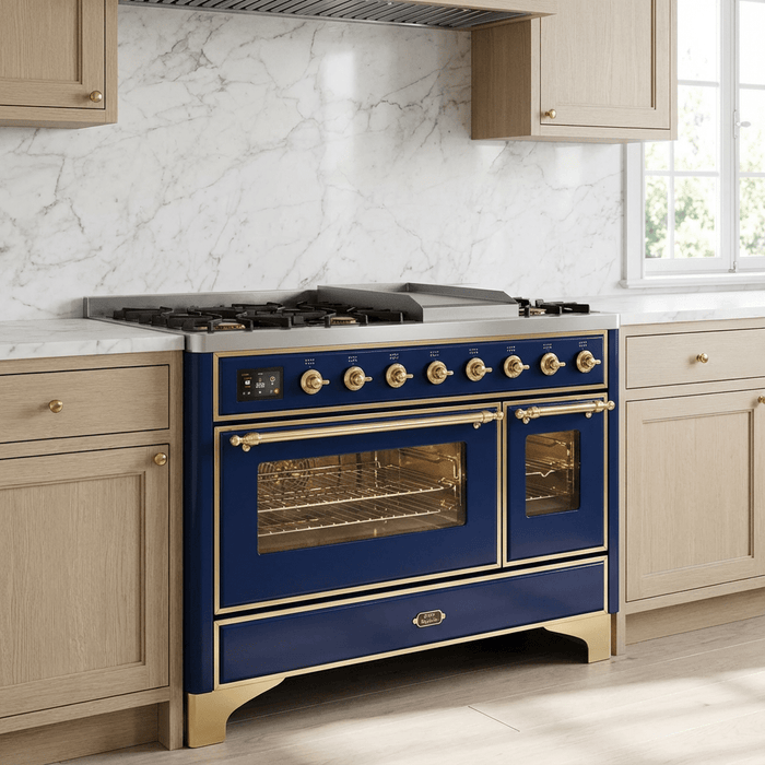 ILVE Majestic II 48 Inch Dual Fuel Range, Double Oven, 8 Burners & Griddle UM12FDNS3