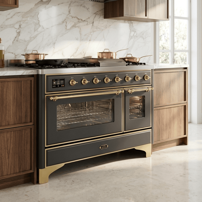 ILVE Majestic II 48 Inch Dual Fuel Range, Double Oven, 8 Burners & Griddle UM12FDNS3