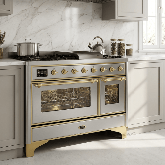 ILVE Majestic II 48 Inch Dual Fuel Range, Double Oven, 8 Burners & Griddle UM12FDNS3