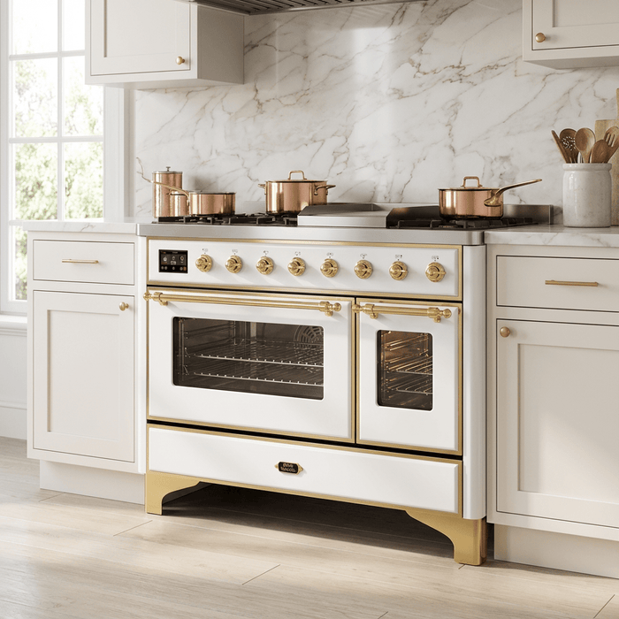 ILVE Majestic II 48 Inch Dual Fuel Range, Double Oven, 8 Burners & Griddle UM12FDNS3