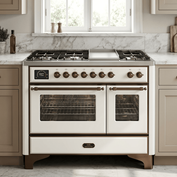 ILVE Majestic II 48 Inch Dual Fuel Range, Double Oven, 8 Burners & Griddle UM12FDNS3