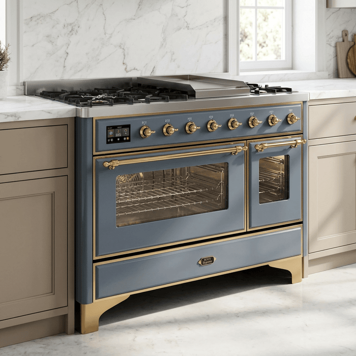ILVE Majestic II 48 Inch Dual Fuel Range, Double Oven, 8 Burners & Griddle UM12FDNS3