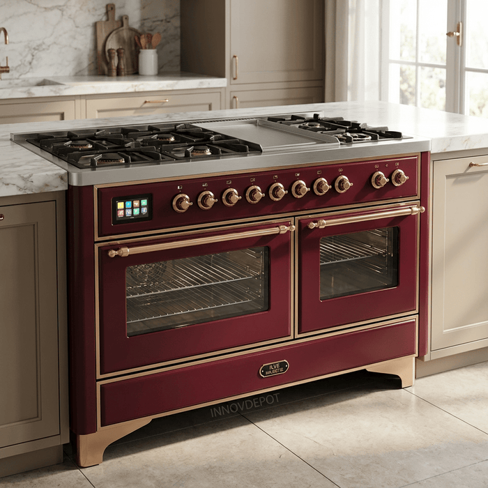 ILVE Majestic II 48 Inch Dual Fuel Range, Double Oven, 8 Burners & Griddle UM12FDNS3