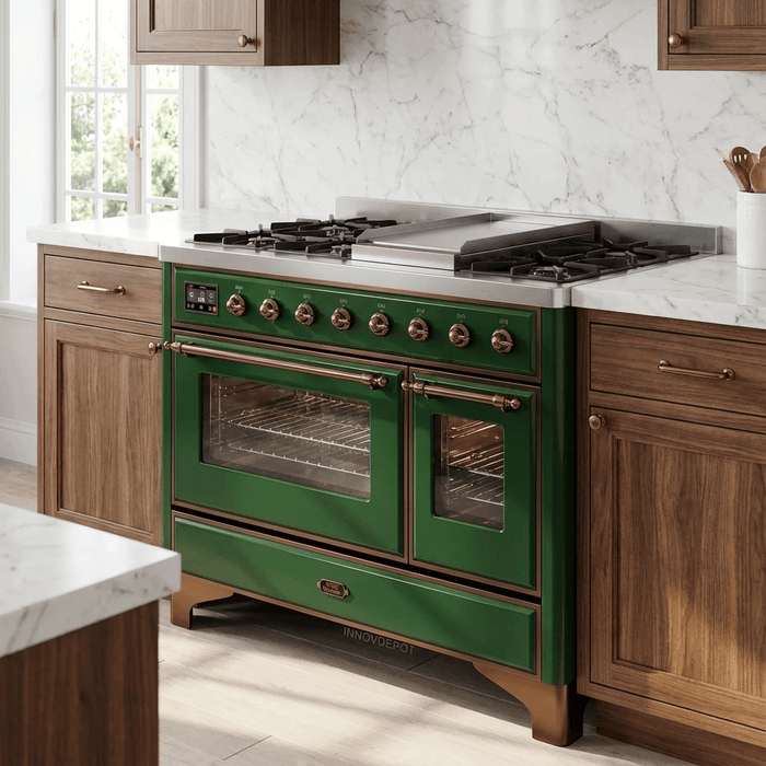 ILVE Majestic II 48 Inch Dual Fuel Range, Double Oven, 8 Burners & Griddle UM12FDNS3