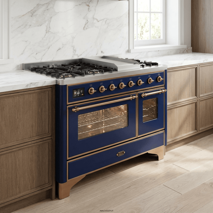 ILVE Majestic II 48 Inch Dual Fuel Range, Double Oven, 8 Burners & Griddle UM12FDNS3