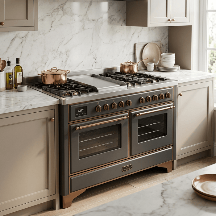 ILVE Majestic II 48 Inch Dual Fuel Range, Double Oven, 8 Burners & Griddle UM12FDNS3