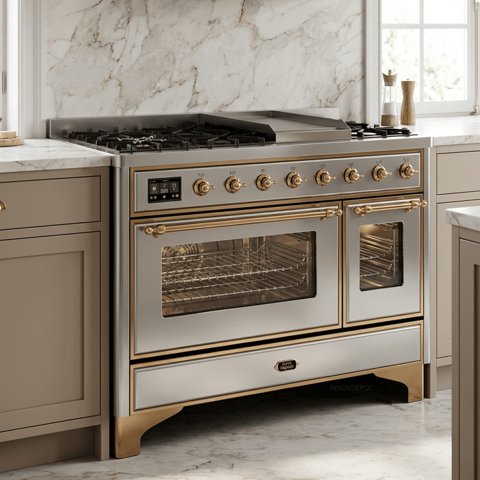 ILVE Majestic II 48 Inch Dual Fuel Range, Double Oven, 8 Burners & Griddle UM12FDNS3