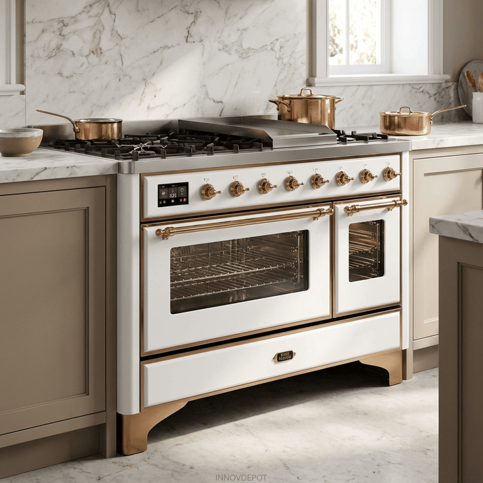 ILVE Majestic II 48 Inch Dual Fuel Range, Double Oven, 8 Burners & Griddle UM12FDNS3