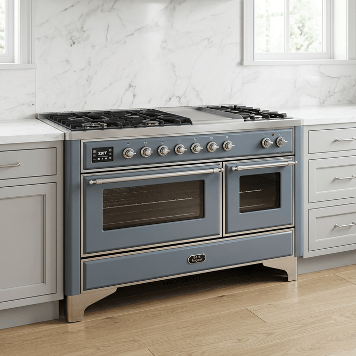ILVE Majestic II 48 Inch Dual Fuel Range, Double Oven, 8 Burners & Griddle UM12FDNS3