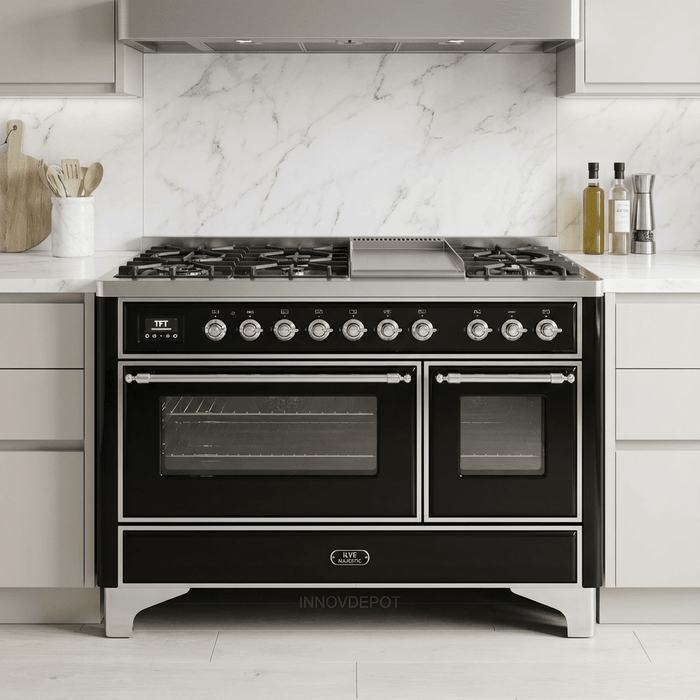 ILVE Majestic II 48 Inch Dual Fuel Range, Double Oven, 8 Burners & Griddle UM12FDNS3