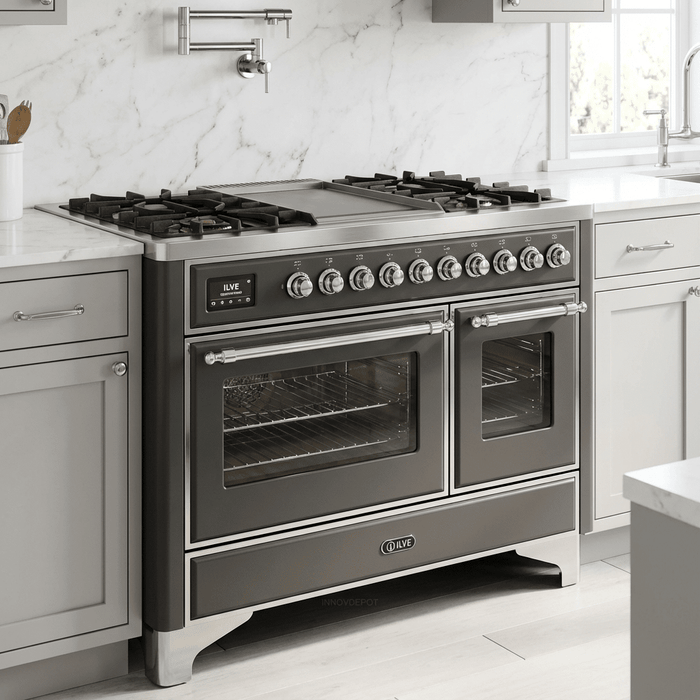 ILVE Majestic II 48 Inch Dual Fuel Range, Double Oven, 8 Burners & Griddle UM12FDNS3
