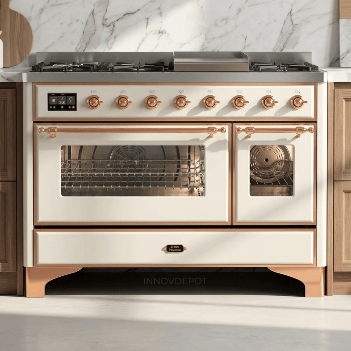 ILVE Majestic II 48 Inch Dual Fuel Range, Double Oven, 8 Burners & Griddle UM12FDNS3