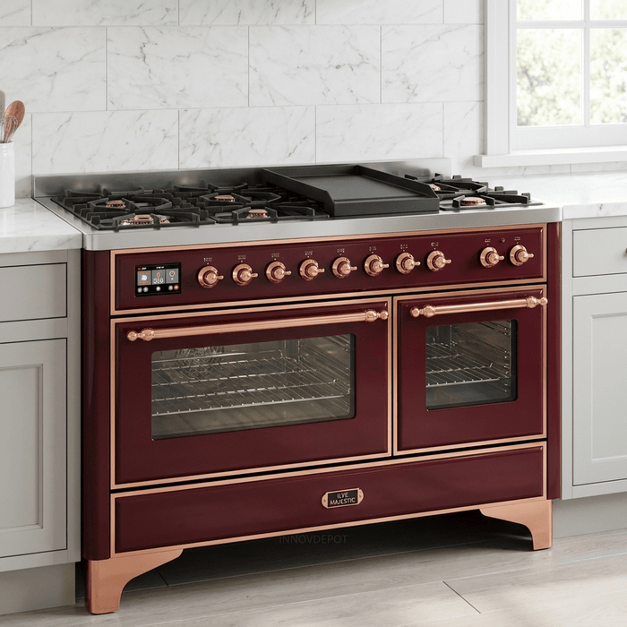 ILVE Majestic II 48 Inch Dual Fuel Range, Double Oven, 8 Burners & Griddle UM12FDNS3