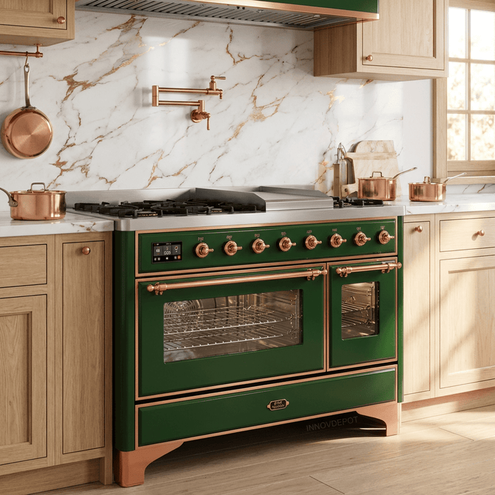 ILVE Majestic II 48 Inch Dual Fuel Range, Double Oven, 8 Burners & Griddle UM12FDNS3