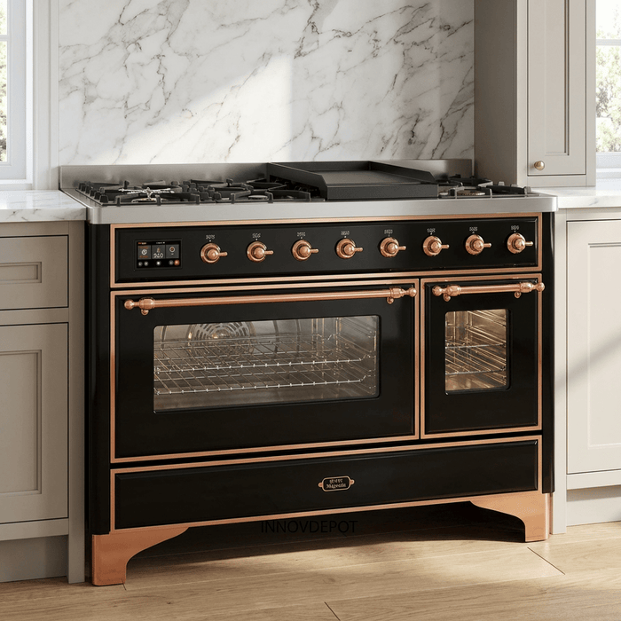 ILVE Majestic II 48 Inch Dual Fuel Range, Double Oven, 8 Burners & Griddle UM12FDNS3