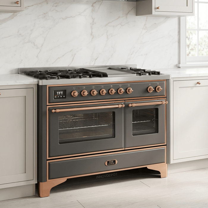 ILVE Majestic II 48 Inch Dual Fuel Range, Double Oven, 8 Burners & Griddle UM12FDNS3