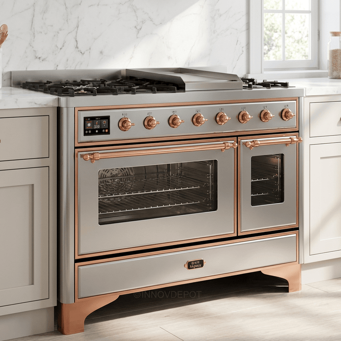 ILVE Majestic II 48 Inch Dual Fuel Range, Double Oven, 8 Burners & Griddle UM12FDNS3