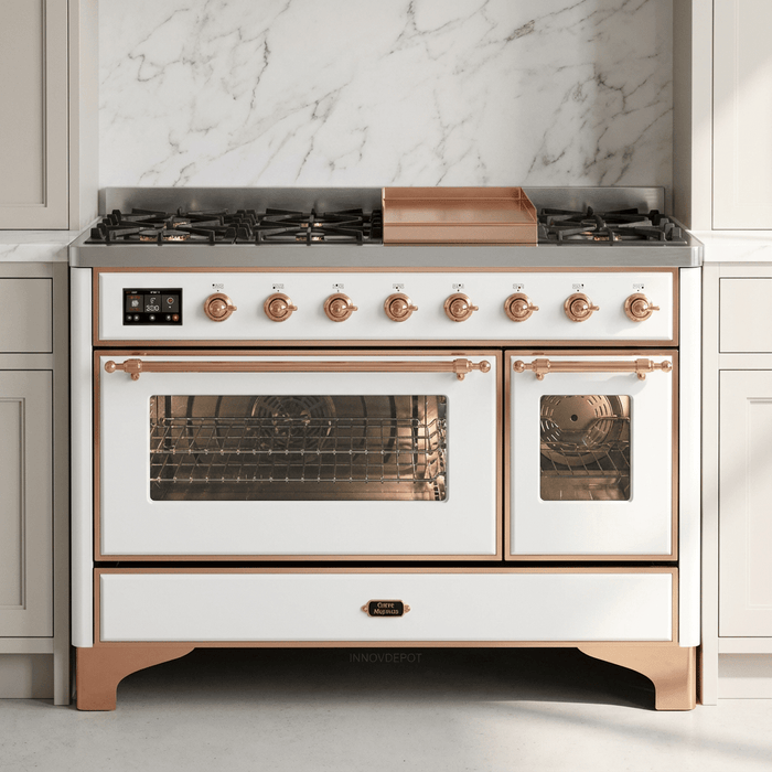 ILVE Majestic II 48 Inch Dual Fuel Range, Double Oven, 8 Burners & Griddle UM12FDNS3