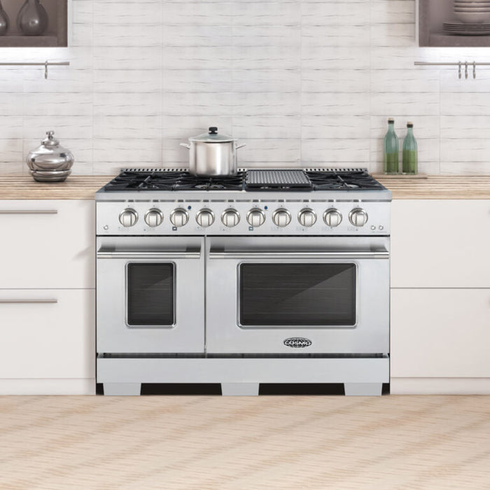 Cosmo Commercial-Style 48 in. 5.5 cu. ft. Double Oven Gas Range with 8 Italian Burners and Heavy Duty Cast Iron Grates in Stainless Steel - COS-GRP486G