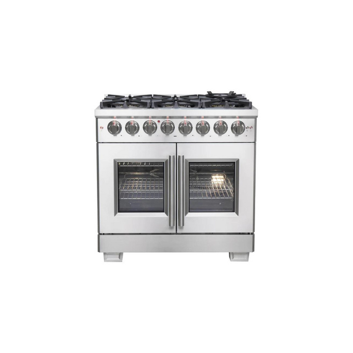 FORNO 36-Inch Capriasca Freestanding French Door Dual Fuel Range with 6 Gas Burners, 120,000 BTUs & Electric Oven in Stainless Steel - FFSGS6387-36