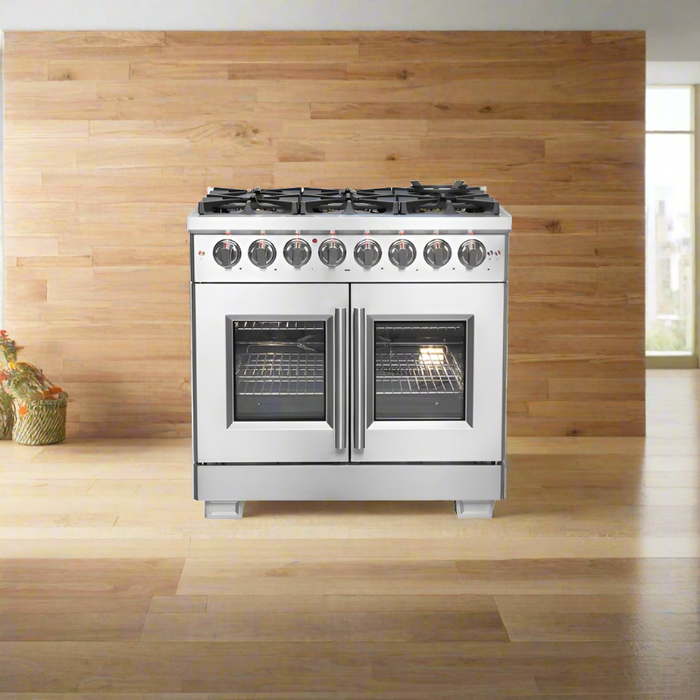 FORNO 36-Inch Capriasca Freestanding French Door Dual Fuel Range with 6 Gas Burners, 120,000 BTUs & Electric Oven in Stainless Steel - FFSGS6387-36