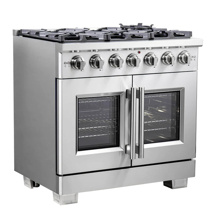 FORNO 36-Inch Capriasca Gas Range with 6 Burners, 120,000 BTUs, & French Door Gas Oven in Stainless Steel - FFSGS6460-36