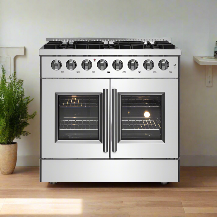 FORNO 36-Inch Galiano Dual Fuel Range with 6 Gas Burners, 83,000 BTUs, & French Door Electric Oven in Stainless Steel - FFSGS6356-36