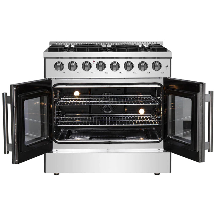 FORNO 36-Inch Galiano Dual Fuel Range with 6 Gas Burners, 83,000 BTUs, & French Door Electric Oven in Stainless Steel - FFSGS6356-36